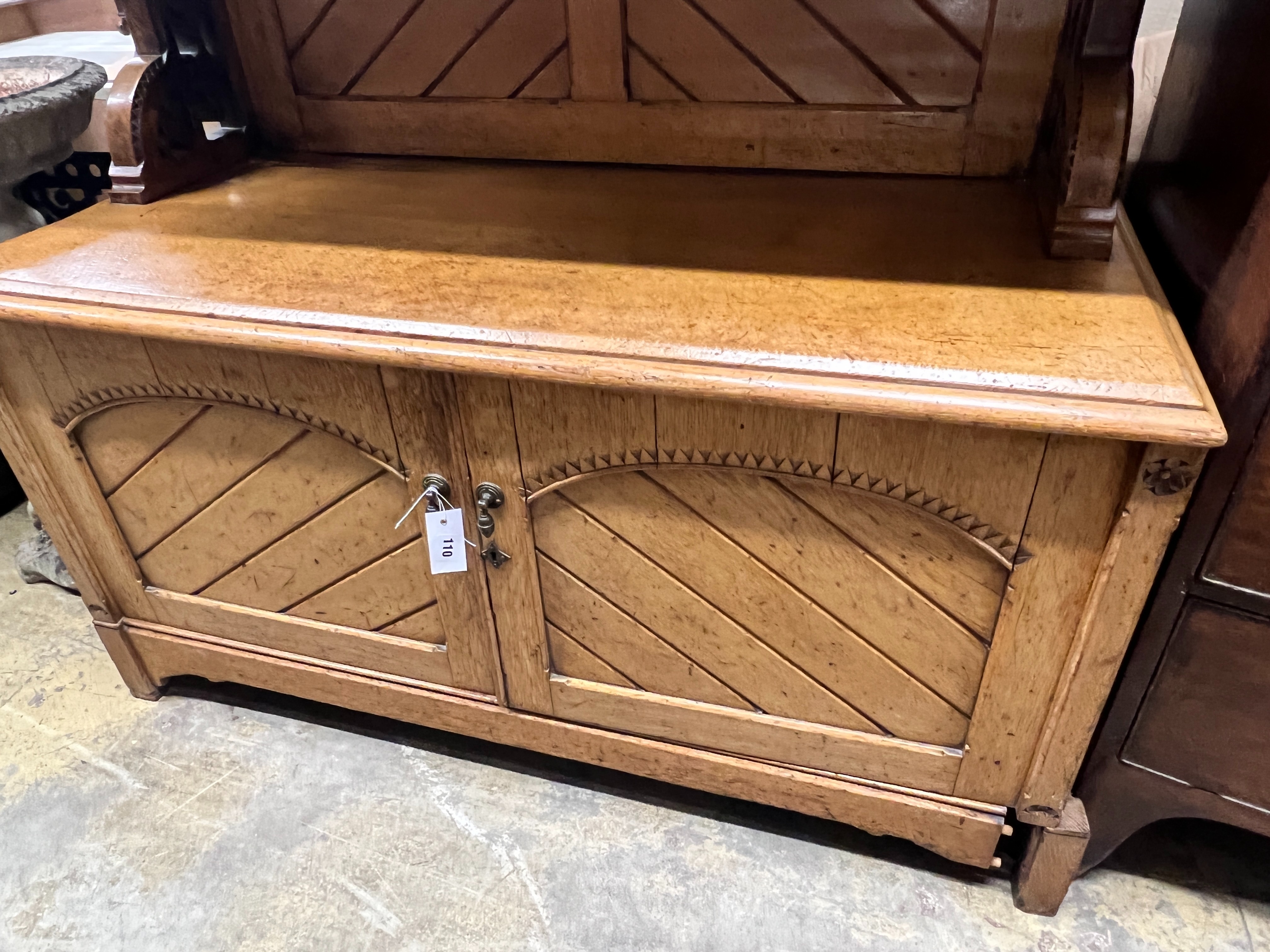 A late Victorian light oak buffet, length 119cm, depth 52cm, height 129cm